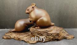 Fine Japanese Meiji Bronze Okimono Two Mice on a Wooden Base