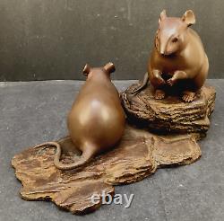 Fine Japanese Meiji Bronze Okimono Two Mice on a Wooden Base