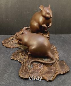 Fine Japanese Meiji Bronze Okimono Two Mice on a Wooden Base