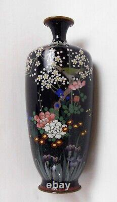 Fine Japanese Meiji Cloisonne Enamel Vase Iris Chrysanthemum Prunus Bird