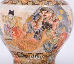 Fine Japanese Meiji Period Ceramic Satsuma Squat Vase Seven Lucky Gods Signed