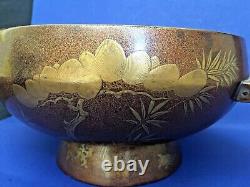 Fine Japanese Meiji Period Lacquerware Footed Bowl withOriginal Wood Box Crane