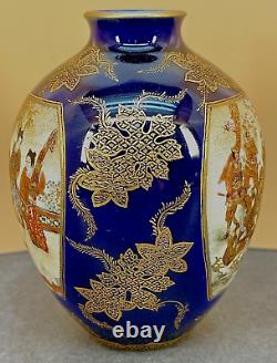 Fine Japanese Meiji Satsuma Cobalt-Blue Vase with Samurai by Kinkozan