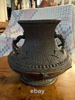 Fine Japanese Meiji or Taisho Period Ikebana Hand Woven Basket Bowl Ewer Vase