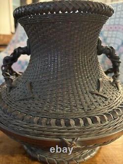 Fine Japanese Meiji or Taisho Period Ikebana Hand Woven Basket Bowl Ewer Vase