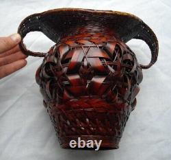 Fine Japanese Meiji or Taisho Period Ikebana Hand Woven Basket Bowl Ewer Vase