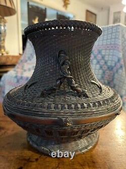 Fine Japanese Meiji or Taisho Period Ikebana Hand Woven Basket Bowl Ewer Vase