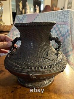 Fine Japanese Meiji or Taisho Period Ikebana Hand Woven Basket Bowl Ewer Vase