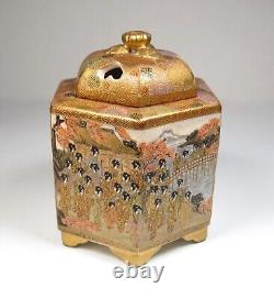 Fine Japanese Signed Meiji Satsuma Incense Burner Koro with Women & Buddhists