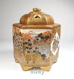 Fine Japanese Signed Meiji Satsuma Incense Burner Koro with Women & Buddhists