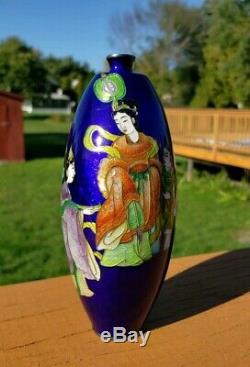 Fine Japanese Sterling Silver Ginbari Cloisonne Vase With Figures By Ota Shippo