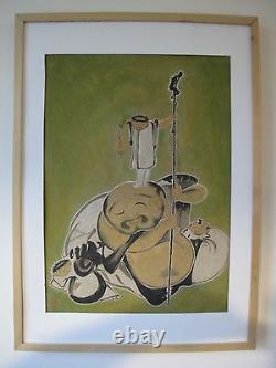 Fine Japanese Zen Style Hand Painting of Dalma with 3 Childrens Framed