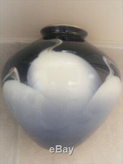 Fine Large Vintage Fukagawa Style Japanese Cobalt Porcelain Vase Art Deco Cranes