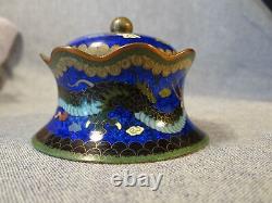 Fine Meiji Cloisonne Covered Pot, Cobalt W Dragon