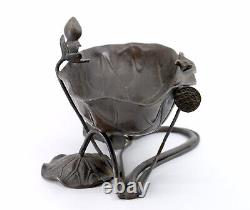 Fine Meiji Japanese Bronze Ikebana Frog Lotus Lily Pad Vessel Bowl Vase Signed