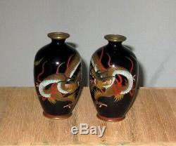 Fine Miniature Meiji Japanese Cloisonne Enamel Pair Vases with Swirling Dragons