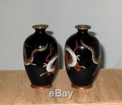 Fine Miniature Meiji Japanese Cloisonne Enamel Pair Vases with Swirling Dragons