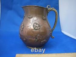 Fine Old JAPANESE Copper & Brass WATER PITCHER-Spider-Web & APPLIED FLOWERS-NR