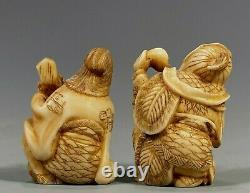 Fine Old Lot of 2 Japan Japanese Okimono Carvings of Musicians ca. 19-20th c