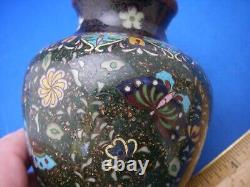 Fine Old Small JAPANESE CLOISONNE VASE-4 3/4 Inches Tall-Green Metallic Ground