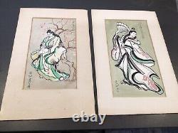 Fine Orig Antique Japanese Watercolor Lot Of 2 Paintings Signed