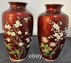 Fine PAIR of Japanese Floral Translucent Cloisonne Vases by the Sato Workshop