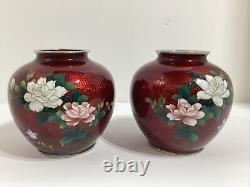 Fine PAIR of Japanese Pigeons Blood Ginbari Cloisonne Vases by the Sato Workshop