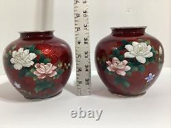 Fine PAIR of Japanese Pigeons Blood Ginbari Cloisonne Vases by the Sato Workshop