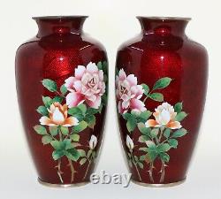 Fine PAIR of Japanese Translucent Red Cloisonne Vases Excellent Condition