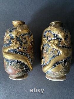 Fine Pair Antique Japanese Miniature Satsuma Vases Dragons Signed Perfect