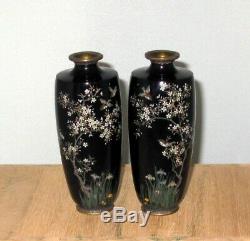 Fine Pair Meiji Period Japanese Silver Wire Cloisonne Enamel Vases Signed