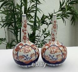 Fine Pair Of Japanese Meiji Period Hand Painted Imari Bottle Vases C1880