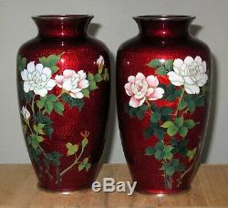 Fine Pair Vintage Japanese Akasuke Cloisonne Enamel Vases with Roses Signed Sato