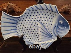 Fine Pair of Antique 19th C Blue White Japanese Meiji Arita Fish Plates 9 3/4