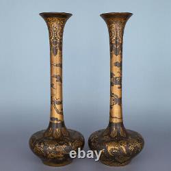 Fine Pair of Antique Japanese Bronze Vases by Takeuchi Chubei. Meiji Period