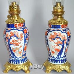 Fine Pair of Antique Japanese Hand Painted Imari Porcelain & Bronze Oil Lamps