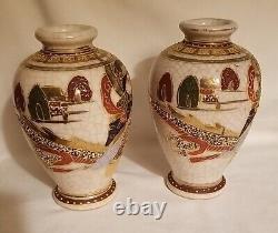 Fine Pair of Antique Japanese Satsuma Vases, Crackle Finish, Embossed, Gold Gilt