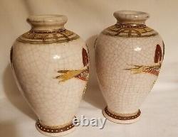 Fine Pair of Antique Japanese Satsuma Vases, Crackle Finish, Embossed, Gold Gilt