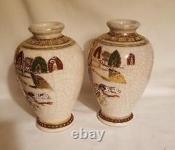 Fine Pair of Antique Japanese Satsuma Vases, Crackle Finish, Embossed, Gold Gilt