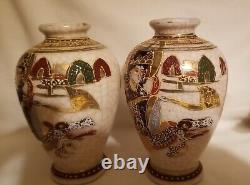 Fine Pair of Antique Japanese Satsuma Vases, Crackle Finish, Embossed, Gold Gilt