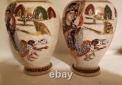 Fine Pair of Antique Japanese Satsuma Vases, Crackle Finish, Embossed, Gold Gilt