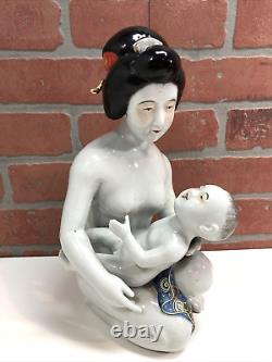 Fine Porcelain Antique Japanese Kutani Statue Geisha Naked Woman Pottery Signed