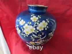 Fine Vintage Japanese Cloisonne Siver Wire Enamel Vase Sakura Flowers With Bird