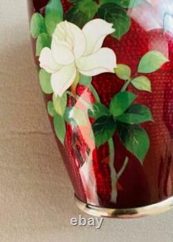 Fine Vintage Pair Japanese Cloisonné Fish Scale Vase Flowers Birds Ox Blood