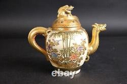 Fine antique Japanese satsuma Dragon Teapot, Cranes and garden Meiji