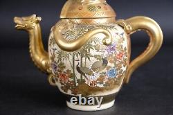 Fine antique Japanese satsuma Dragon Teapot, Cranes and garden Meiji