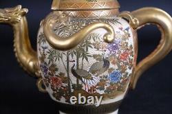 Fine antique Japanese satsuma Dragon Teapot, Cranes and garden Meiji