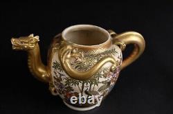 Fine antique Japanese satsuma Dragon Teapot, Cranes and garden Meiji