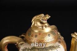 Fine antique Japanese satsuma Dragon Teapot, Cranes and garden Meiji