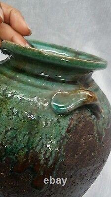 Fine vintage Japanese art pottery green brown glaze vase signed